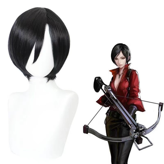 Ada Wong cosplay with Shadora wig featuring long black hair, red dress, and accessories for a detailed costume look.