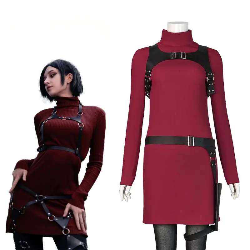 Ada Wong cosplay costume with black dress and long black wig from Shadora, featuring detailed accessories and accurate character styling.