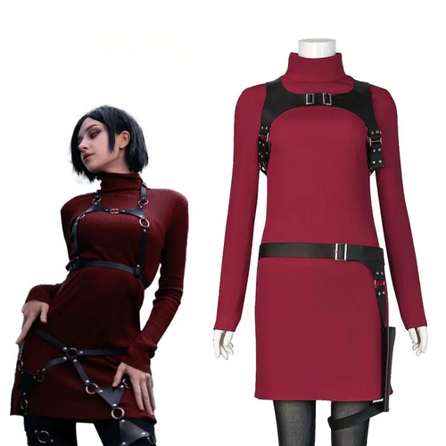 Ada Wong cosplay costume with black dress and long black wig from Shadora, featuring detailed accessories and accurate character styling.
