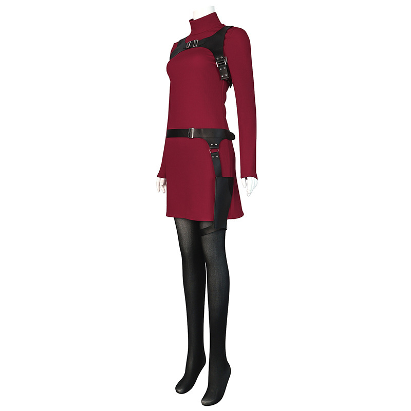 Ada Wong cosplay with Shadora wig featuring long black hair, red dress, and accessories inspired by the character.