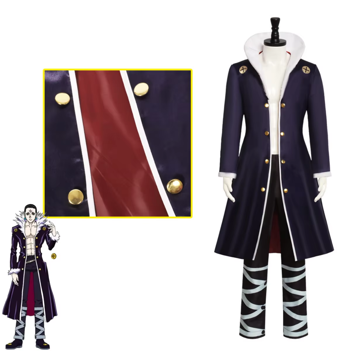 Chrollo Lucifer cosplay with wig by Shadora featuring detailed costume and styled black hair on a model.