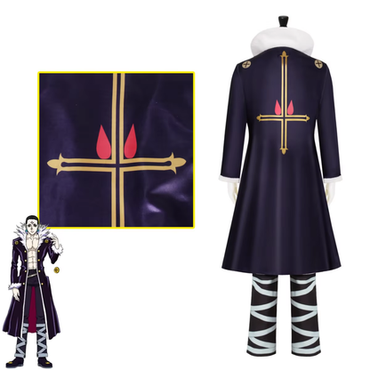 Chrollo Lucifer cosplay with wig, featuring character costume and accessories from Shadora, displayed on a plain background.