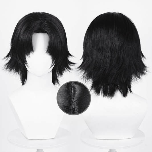 Shadora Chrollo Lucifer cosplay with wig, featuring detailed costume and dark hairstyle inspired by the anime character.