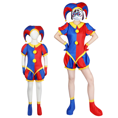 Shadora Pomni cosplay costume featuring colorful fabric and detailed accessories, perfect for anime or cosplay events.