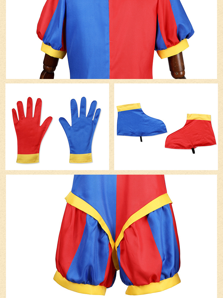Shadora Pomni cosplay costume featuring vibrant colors and detailed design, with a close-up view of the character's outfit.