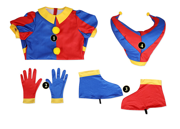 Shadora Pomni cosplay costume featuring colorful fabric and detailed design, suitable for themed events or costume parties.