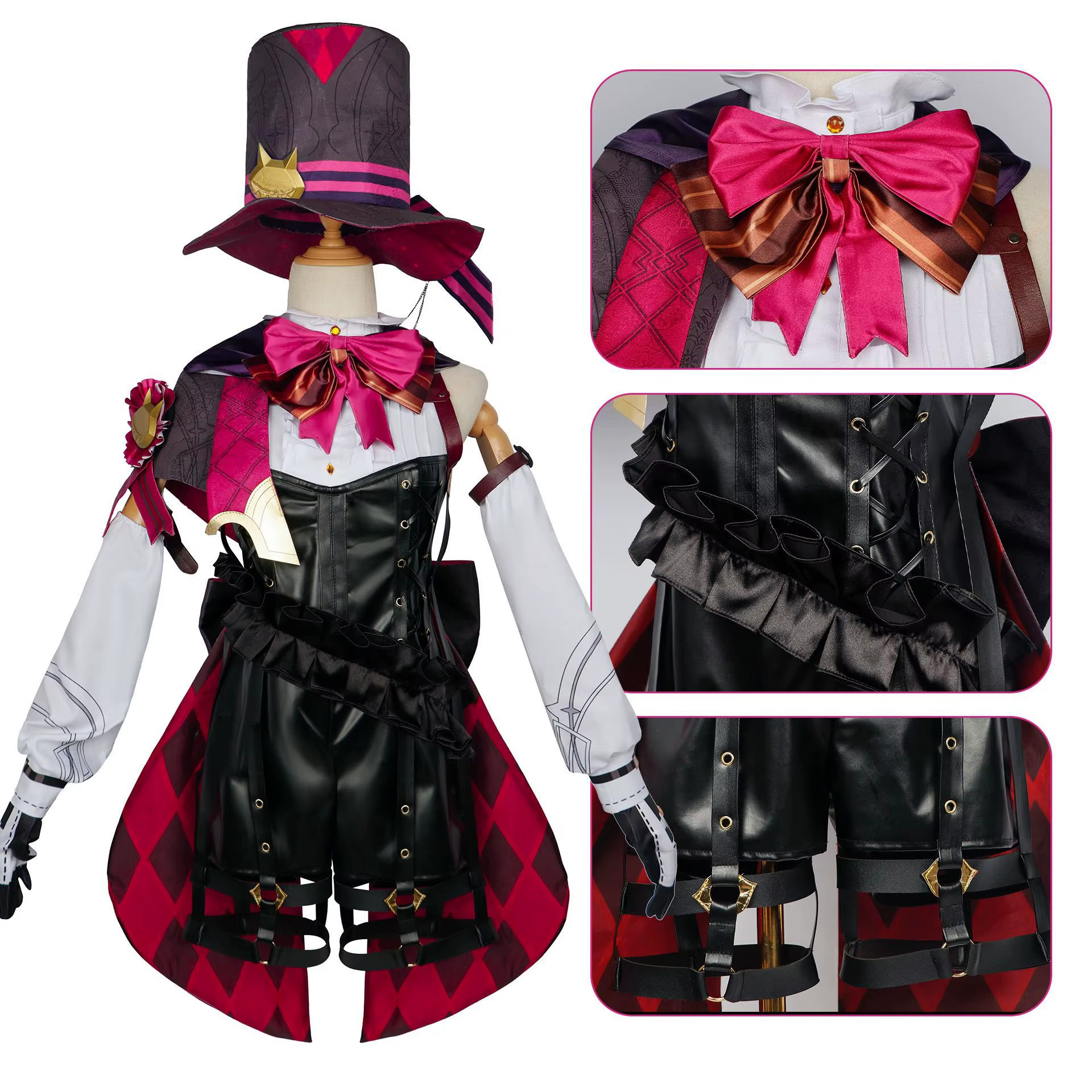 Lyney cosplay costume and wig from Shadora, featuring detailed clothing and vibrant red hair for themed dress-up or events.