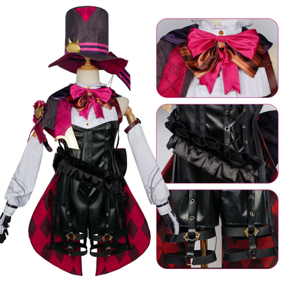 Lyney cosplay costume and wig from Shadora, featuring detailed clothing and vibrant red hair for themed dress-up or events.