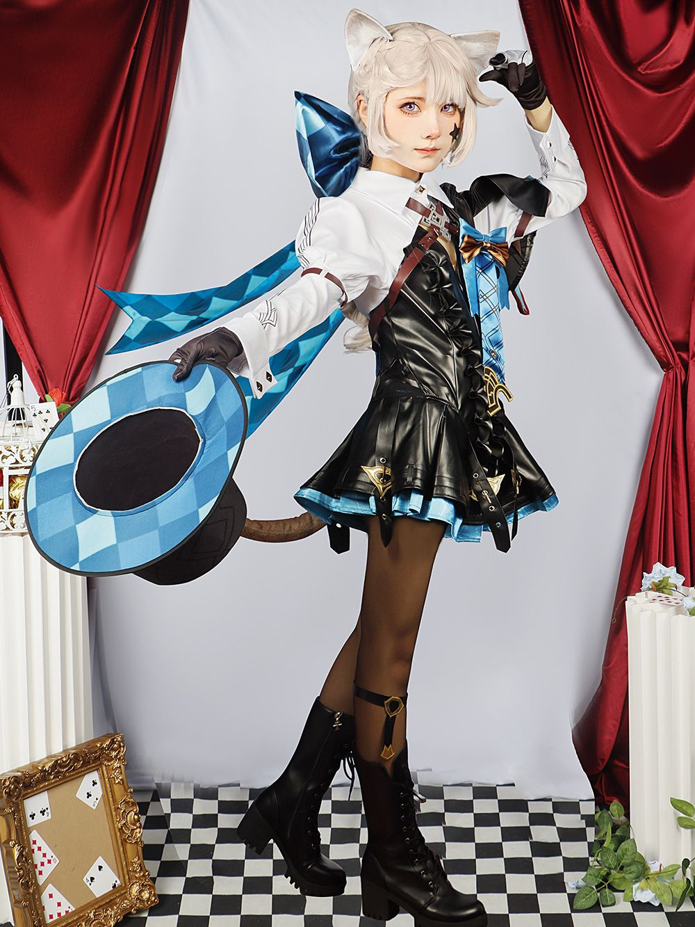 Shadora Lynette cosplay with wig featuring long, dark hair styled in loose waves, detailed costume with intricate design.