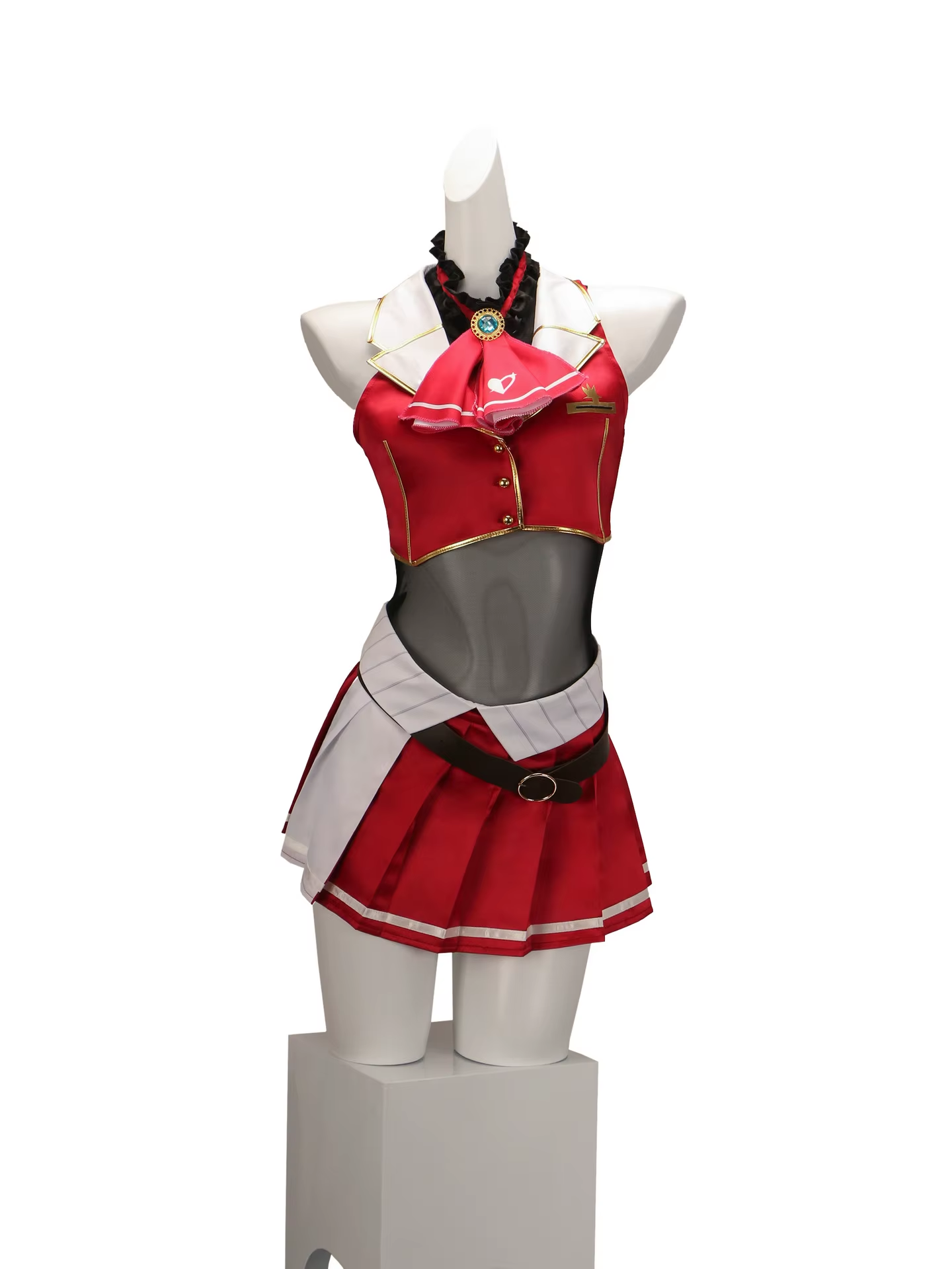 Houshou Marine cosplay with Shadora wig, featuring detailed costume and vibrant red hair styled for anime character look.