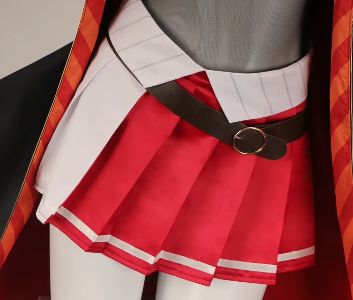 Houshou Marine cosplay with wig by Shadora featuring vibrant red hair, detailed costume, and accessories for anime cosplay enthusiasts.