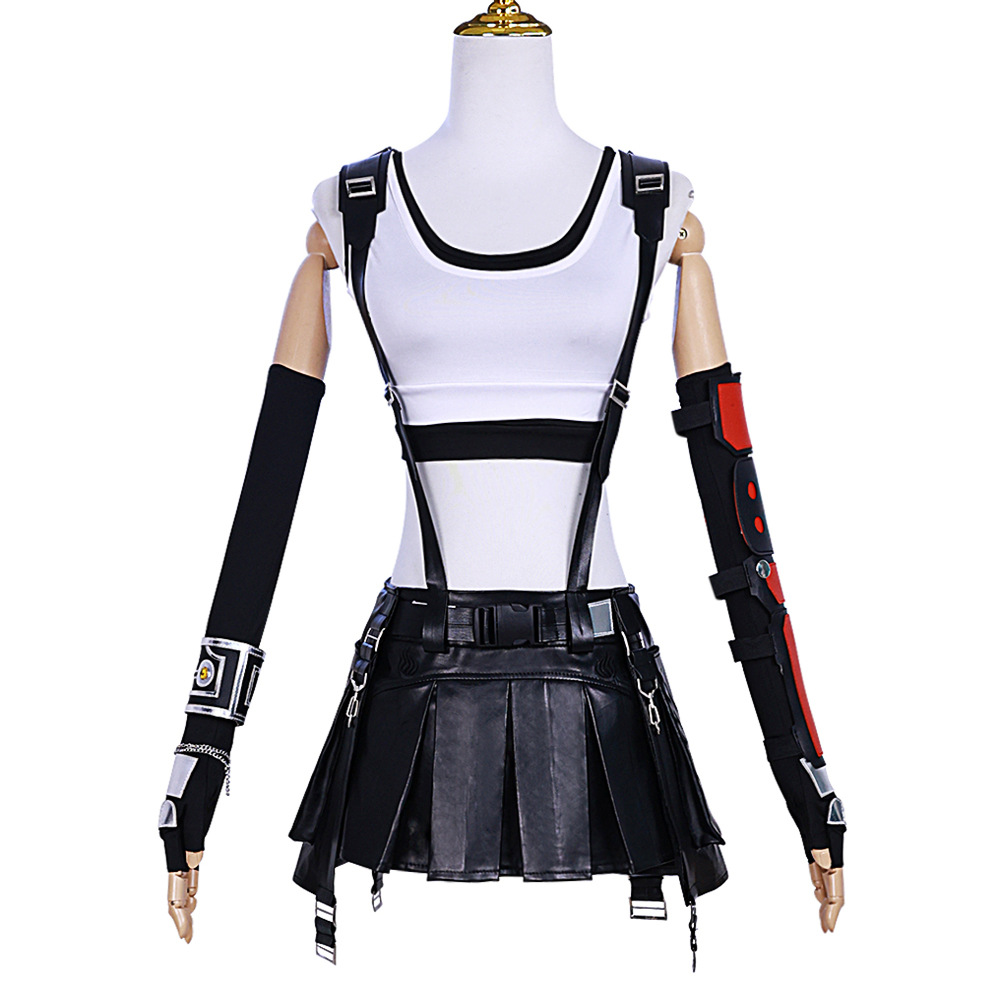 Shadora Tifa cosplay with brown wig from Final Fantasy, featuring detailed costume and accessories, on a plain background.