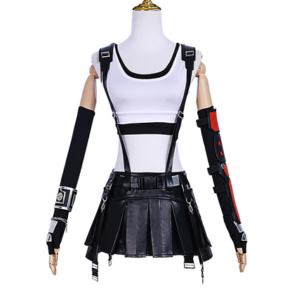 Shadora Tifa cosplay with brown wig from Final Fantasy, featuring detailed costume and accessories, on a plain background.