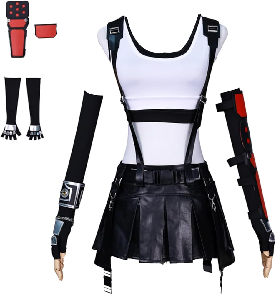 Shadora Tifa cosplay with wig from Final Fantasy, featuring detailed costume and styled brown hair on a mannequin.