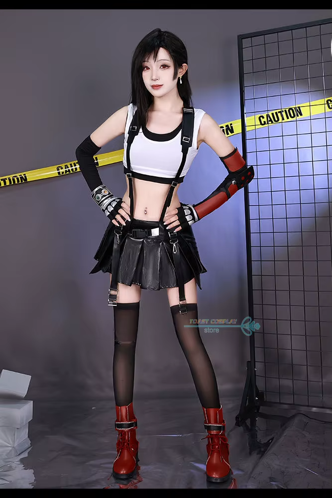 Shadora Tifa cosplay with wig from Final Fantasy, featuring detailed costume and styled brown hair in a natural pose.