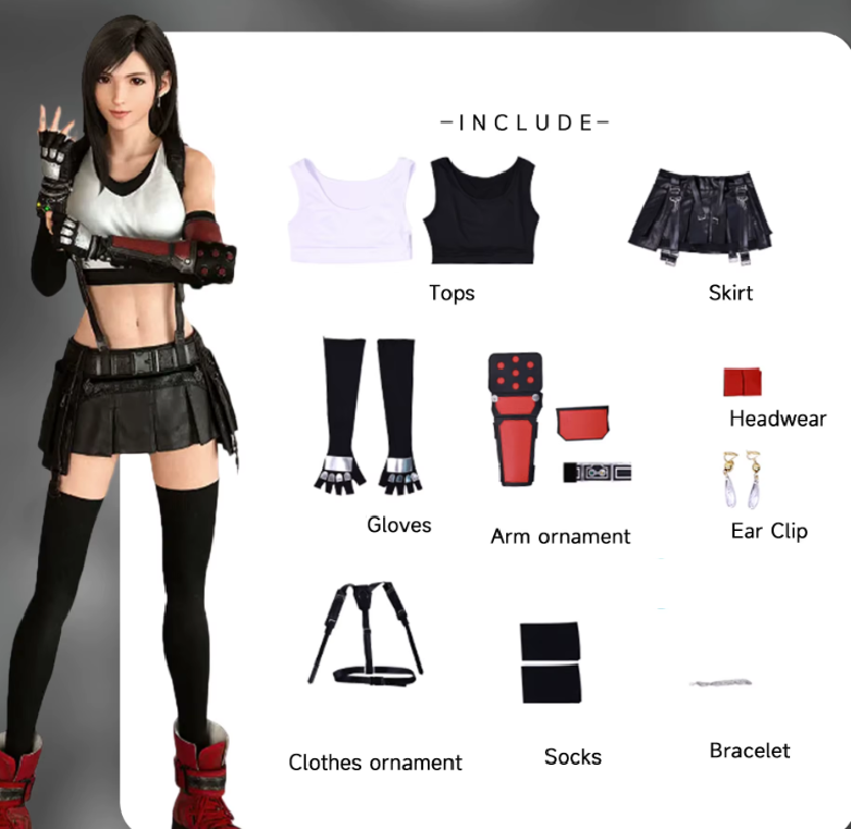 Shadora Tifa cosplay with brown wig from Final Fantasy, featuring detailed costume and accessories for authentic character portrayal.