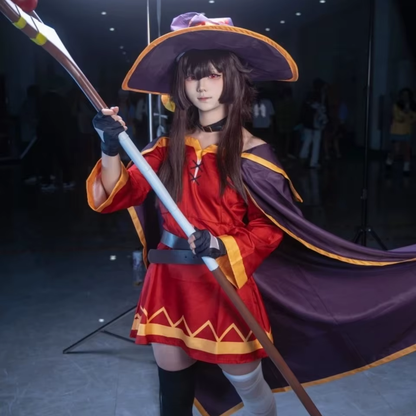 Megumin cosplay with red wig from Konosuba by Shadora, featuring costume details and accessories for anime fans.