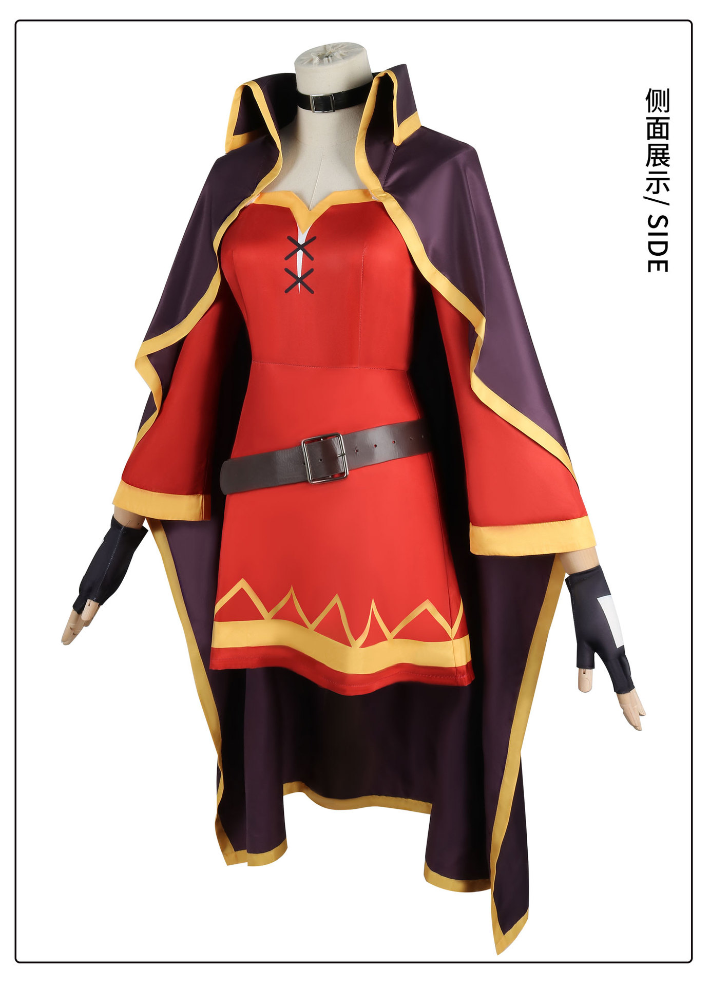 Megumin cosplay with red and black outfit and purple wig from Konosuba, styled for Shadora costume.