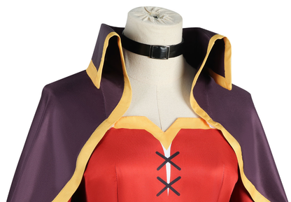 Shadora Megumin cosplay with red and black outfit and spiky hair wig, inspired by Konosuba character, on a white background.