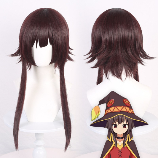 Shadora Megumin cosplay with red and black outfit and spiky wig from Konosuba, shown on a mannequin or model.