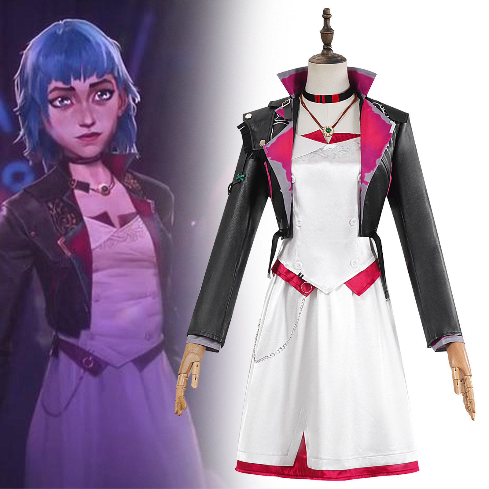 Shadora Jinx Cosplay powder and wig from Arcane, featuring vibrant blue hair and costume details for a cosplay look.