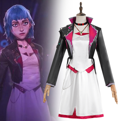 Shadora Jinx Cosplay powder and wig from Arcane, featuring vibrant blue hair and costume details for a cosplay look.