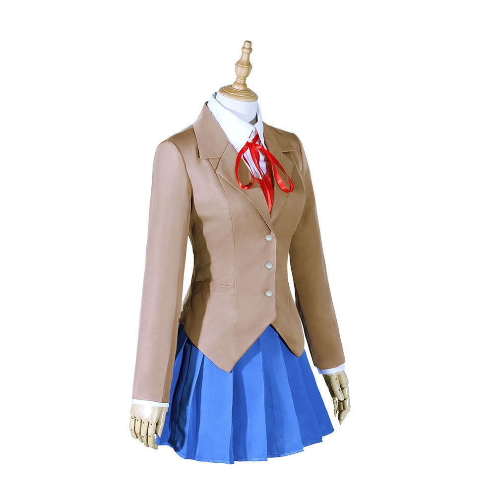 Shadora Doki Doki Literature Club school uniform featuring a white blouse, navy blazer, and plaid skirt, worn by a character.