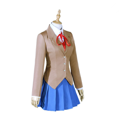 Shadora Doki Doki Literature Club school uniform featuring a white blouse, navy blazer, and plaid skirt, worn by a character.