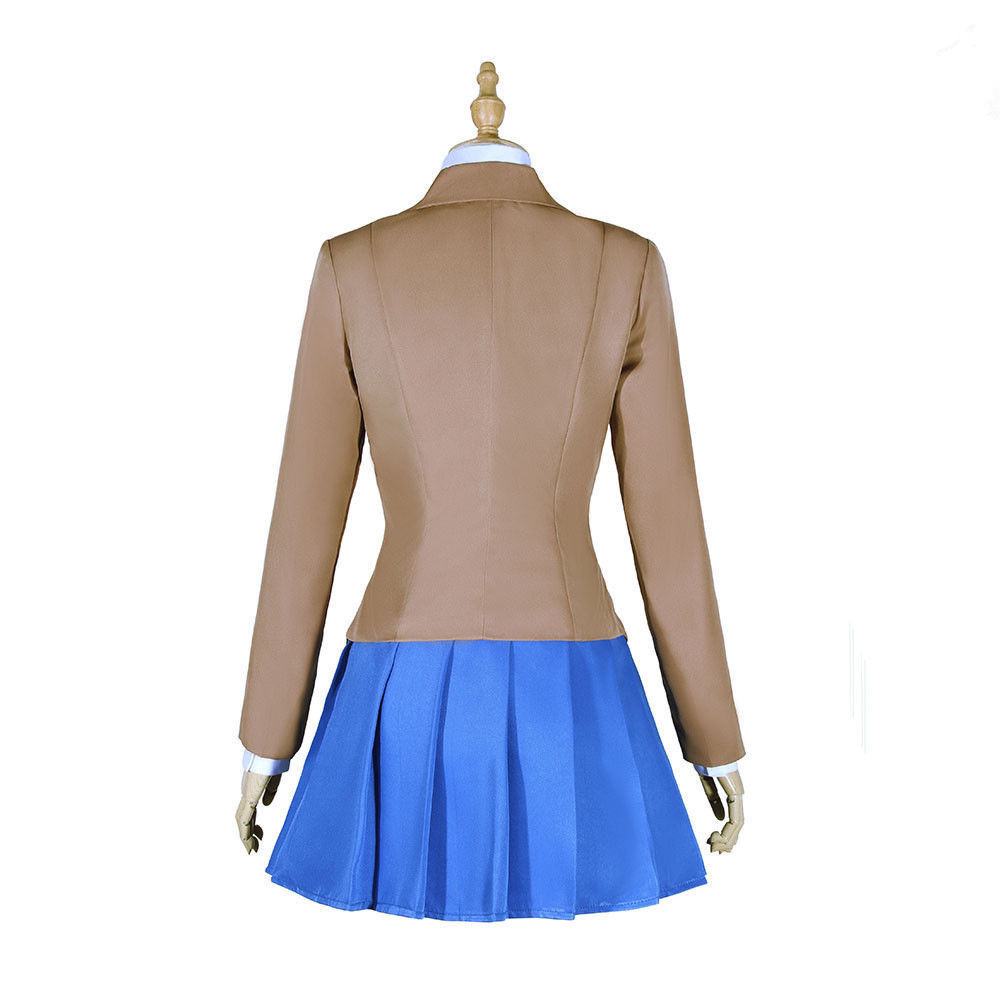 Shadora Doki Doki Literature Club uniform featuring a blue blazer, white shirt, and red ribbon, displayed on a mannequin.