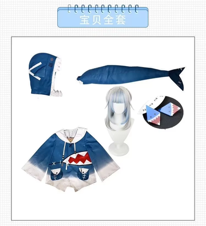 Gawr Gura plush with attached shark-themed hoodie from Shadora, featuring detailed design and vibrant colors.