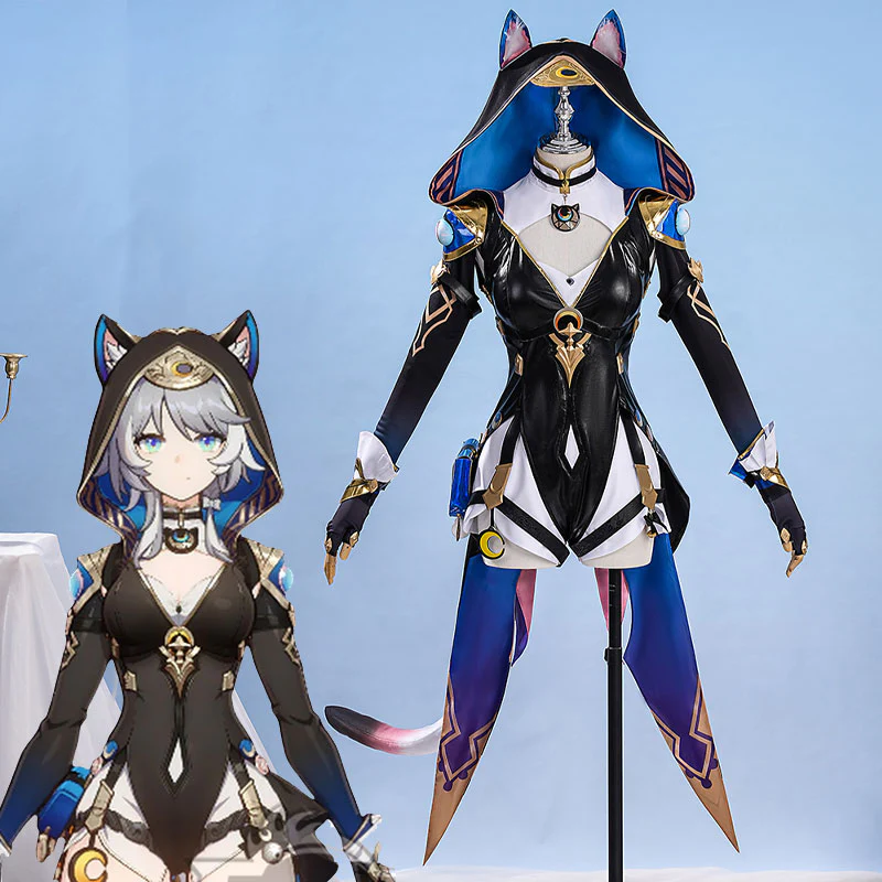 Shadora Cipher Cosplay and wig from Honkai: Star Rail featuring detailed costume and styled blue wig on a mannequin