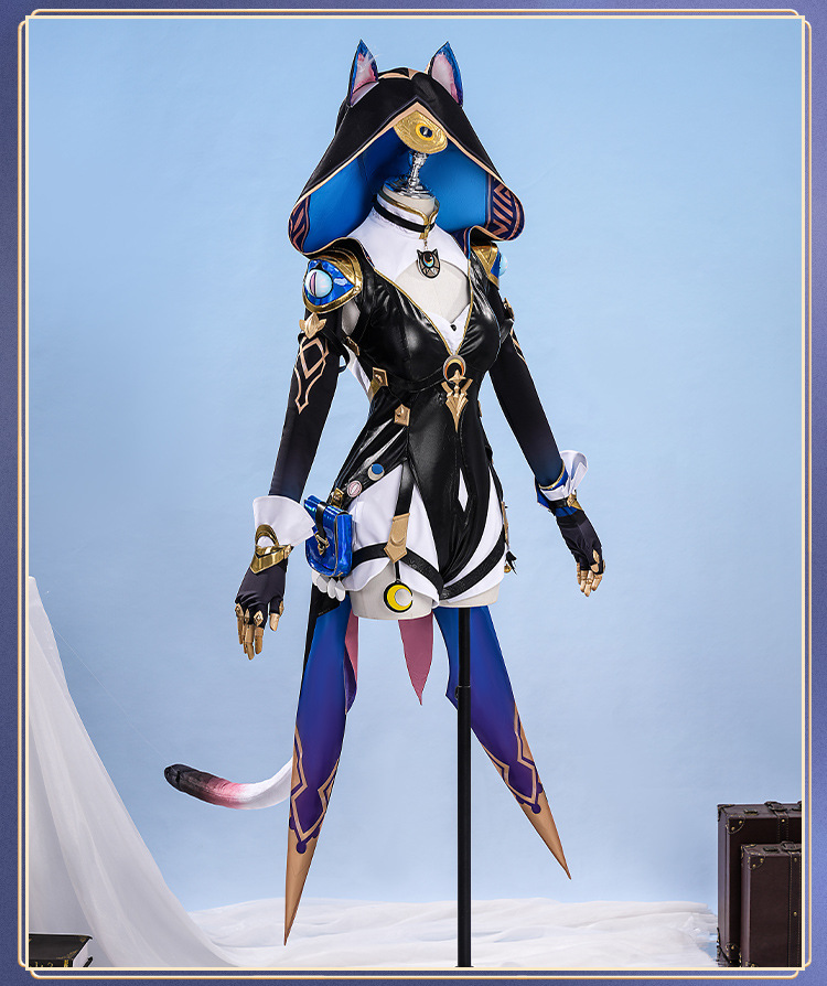 Shadora Cipher Cosplay and wig from Honkai: Star Rail, featuring detailed costume and styled blue wig for cosplay photography