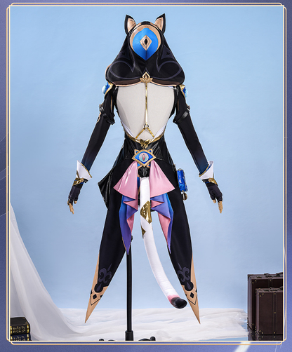Shadora Cipher Cosplay with wig from Honkai: Star Rail, featuring detailed costume and styled pink hair wig on a mannequin.