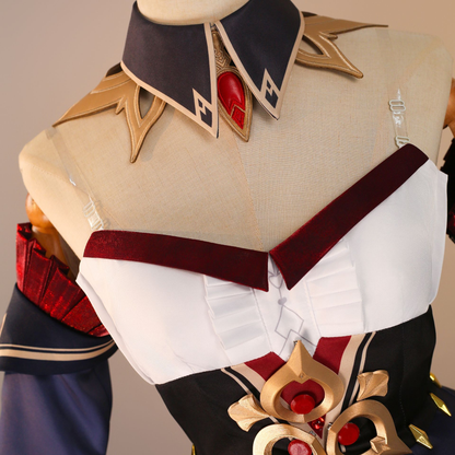 Sandrone cosplay and wig from Genshin Impact, featuring detailed costume and long white hair styled for cosplay.