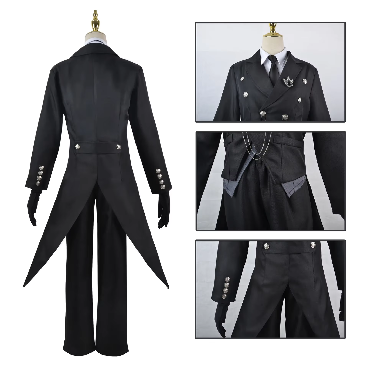 Sebastian cosplay costume with wig from Kuroshitsuji, featuring a formal black suit and styled dark wig for anime cosplay.