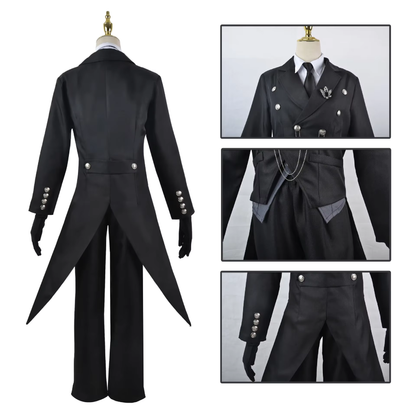 Sebastian cosplay costume with wig from Kuroshitsuji, featuring a formal black suit and styled dark wig for anime cosplay.