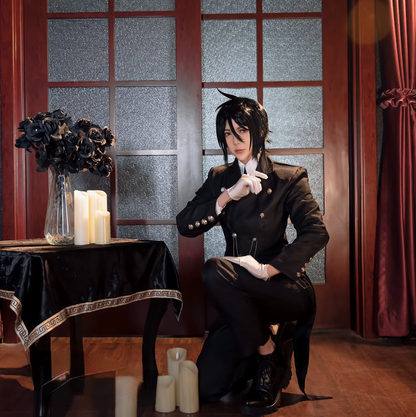 Sebastian cosplay costume and wig from Kuroshitsuji, featuring a detailed black suit and styled dark wig, by Shadora.