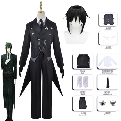 Sebastian cosplay with wig from Kuroshitsuji, featuring detailed black costume and styled hair, by Shadora.