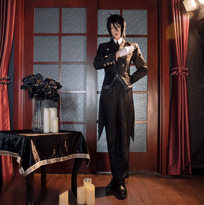 Sebastian cosplay with black wig from Kuroshitsuji, featuring detailed costume and hairstyle for cosplay events.
