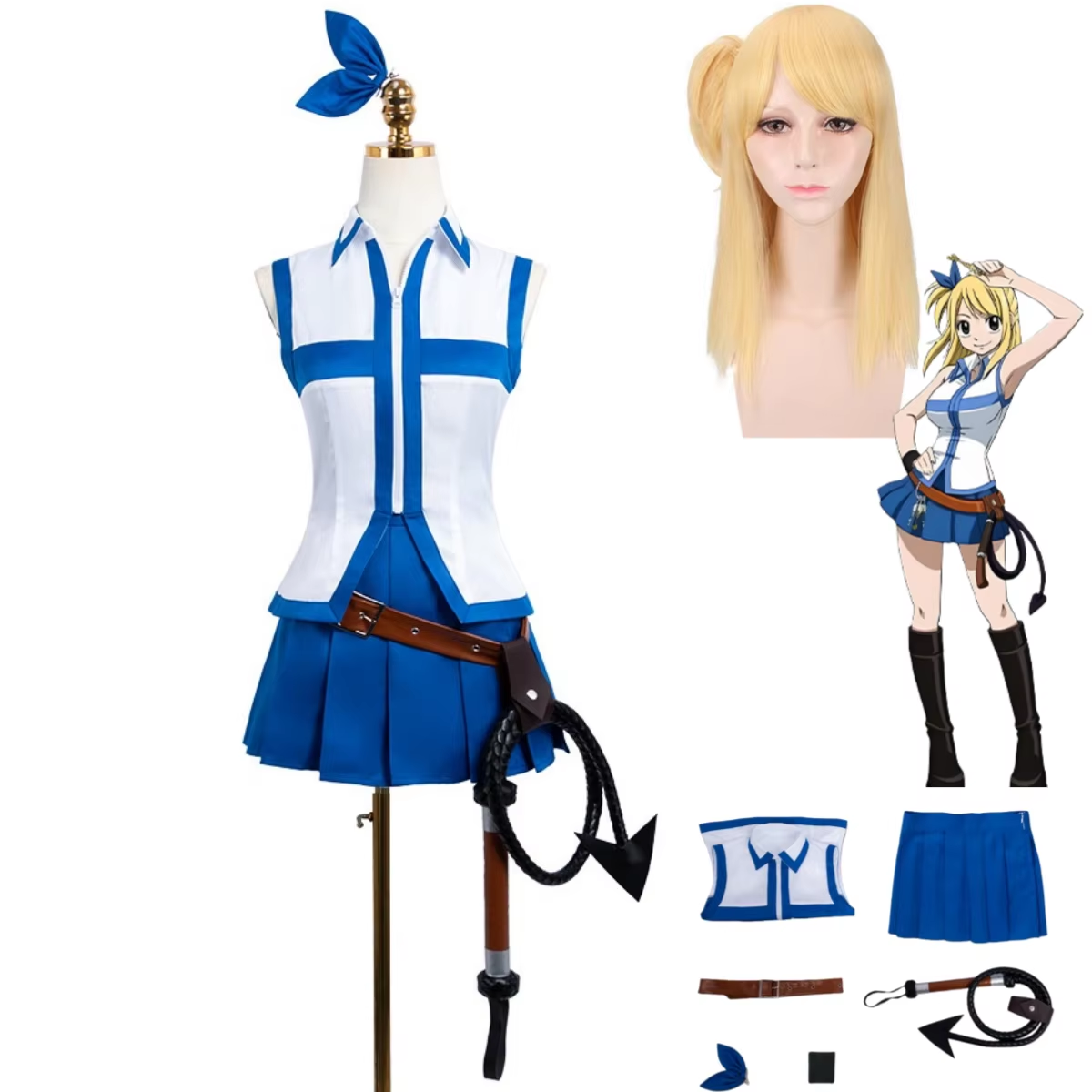 Lucy Cosplay from Fairy Tail with wig by Shadora, featuring her signature outfit and blonde hair styled for cosplay.