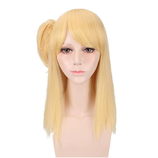 Lucy Cosplay with fairy tail-themed costume and blonde wig from Shadora, featuring detailed character accessories and attire.