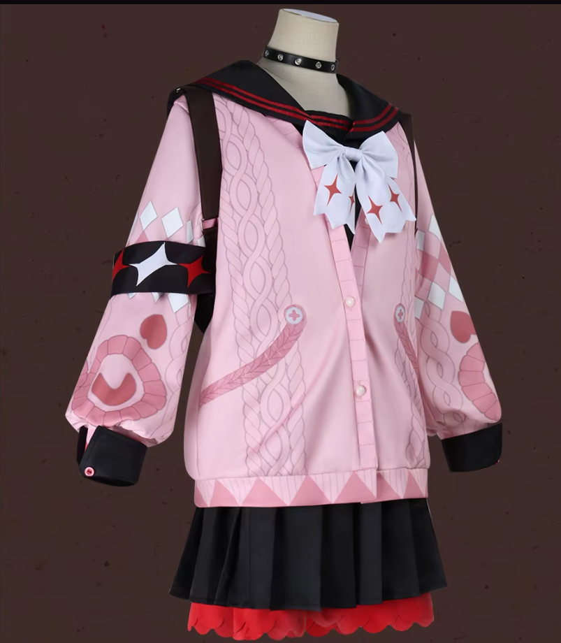 Yuzuha cosplay costume and wig from Zenless Zone Zero by Shadora, featuring detailed costume and vibrant pink wig.