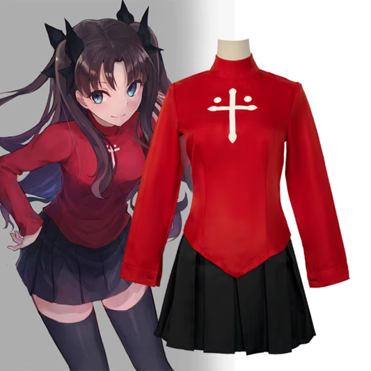 Rin Tohsaka cosplay wig from Fate/Stay Night featuring long, dark red hair styled with bangs and side hair accessories.