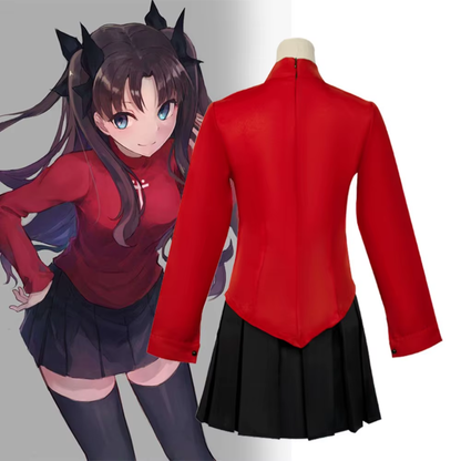 Rin Tohsaka cosplay wig from Fate/Stay Night with long, dark brown hair styled with bangs and red ribbons, by Shadora.
