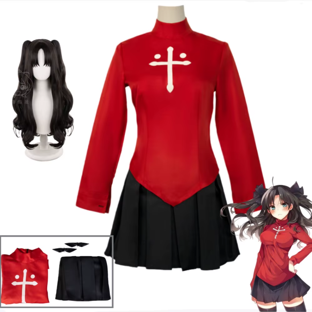 Shadora Rin Tohsaka cosplay wig from Fate/Stay Night, featuring long, dark red hair styled in her iconic look.