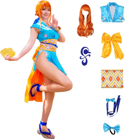 Shadora Nami cosplay costume with orange hair wig from One Piece, featuring detailed character-inspired design and vibrant colors.