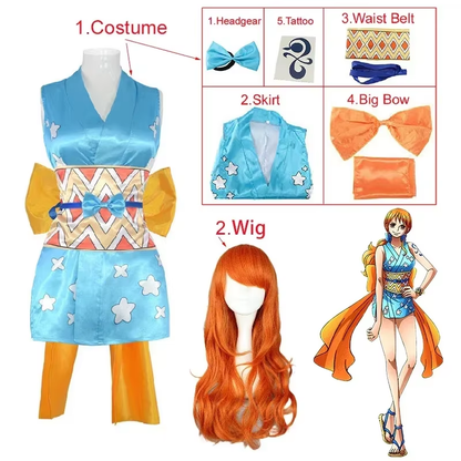 Nami cosplay costume and wig from One Piece by Shadora, featuring detailed costume and vibrant orange wig on a mannequin.