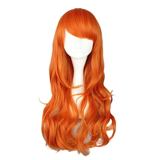 Shadora Nami cosplay costume and wig from One Piece, featuring detailed orange hair and pirate-inspired outfit.