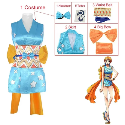 Nami cosplay costume with orange wig from One Piece by Shadora, featuring detailed top and accessories for animated character look.