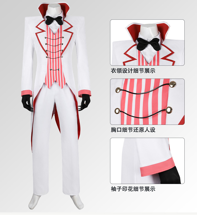 Lucifer Morningstar cosplay with wig from Hazbin Hotel, featuring detailed costume and vibrant red hair styled for the character.
